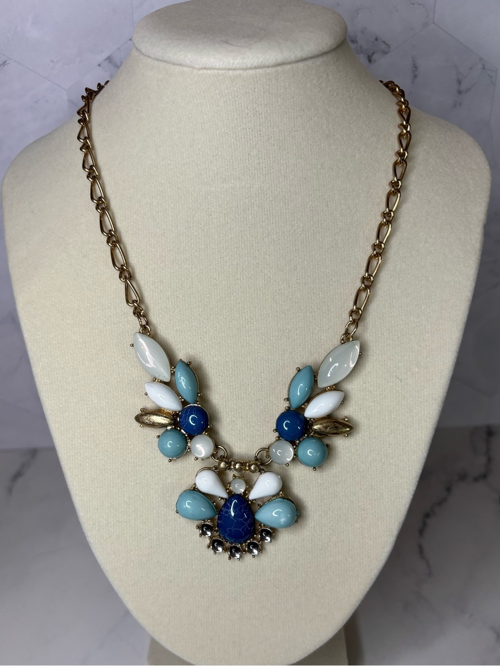 Statement Bob Necklace with Blue and White Stones